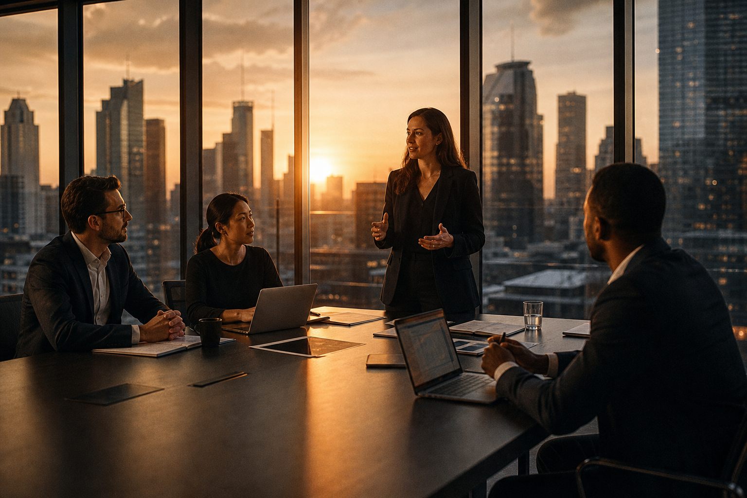 Professionals reviewing study choices around a conference table at dusk